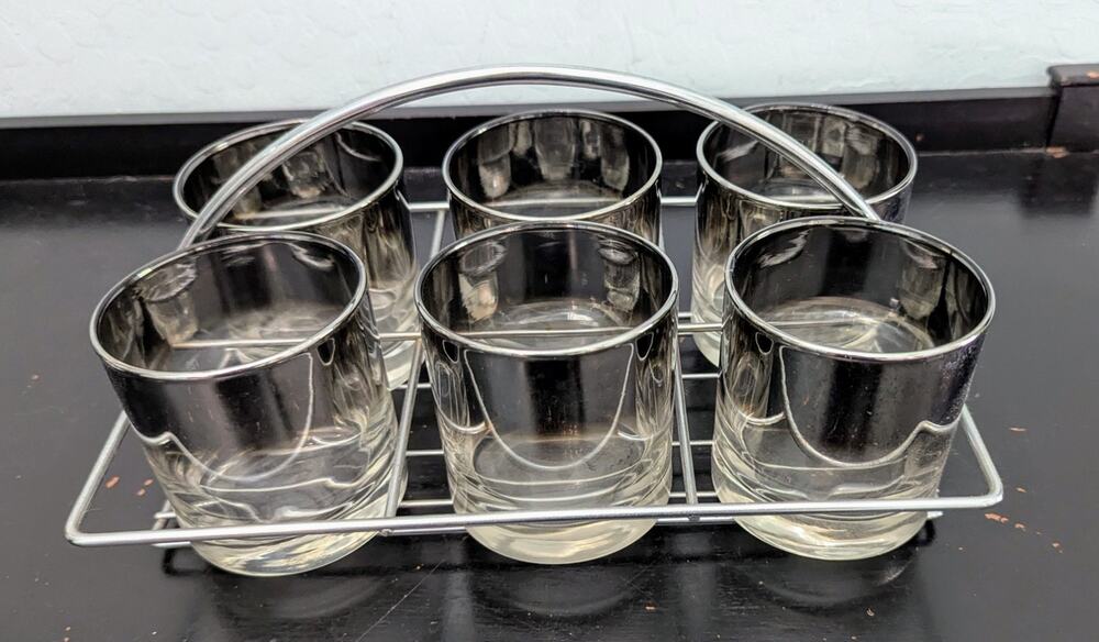 MCM Barware Glass with Caddy set of 6 clear silver 8 oz Dorothy Thorpe Madmen